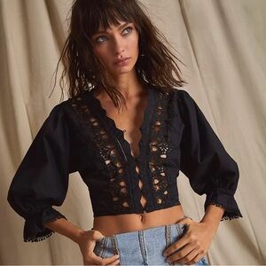 New Free People Louella embroidered black top size Large